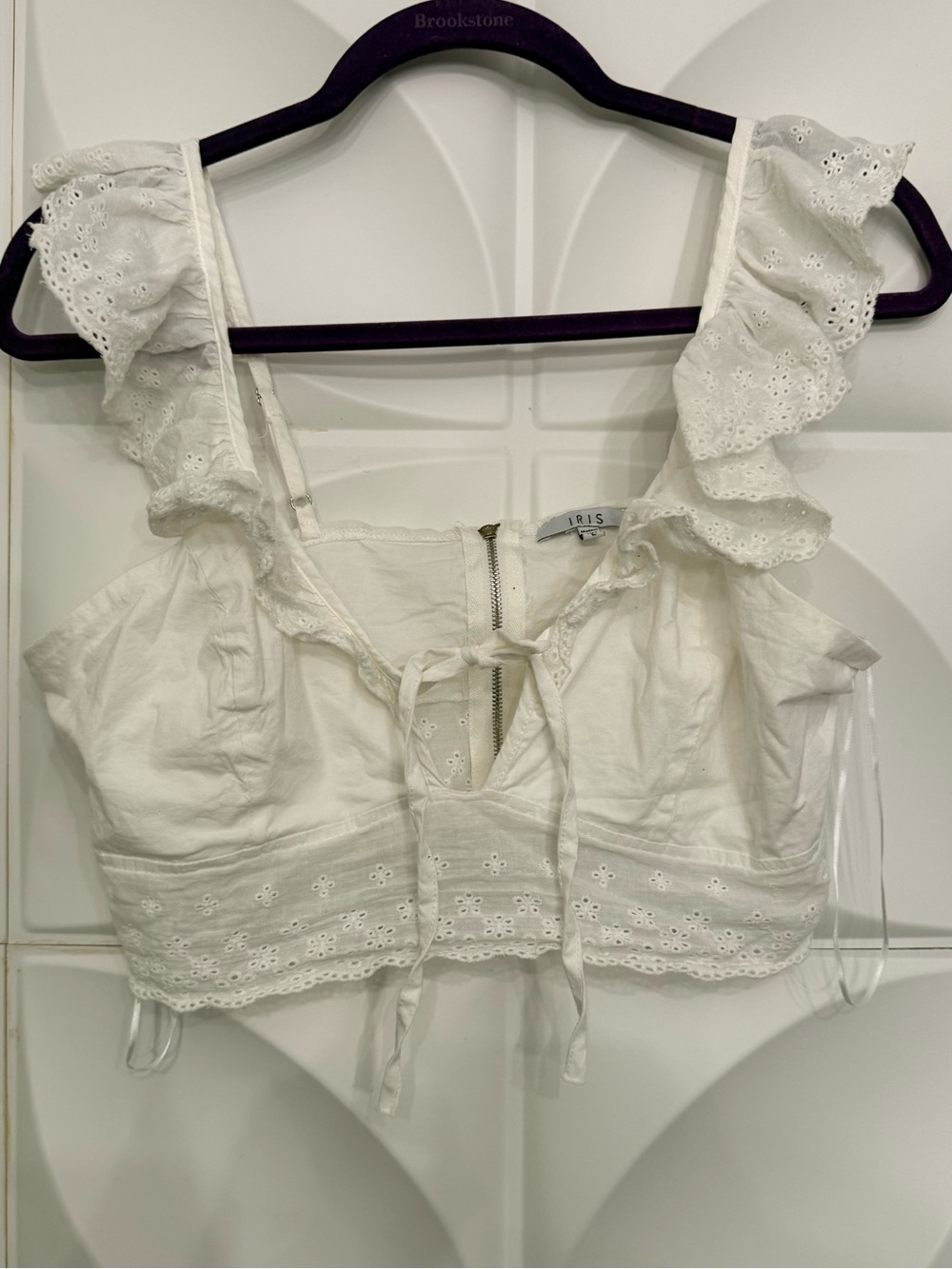 Iris White Eyelet Ruffle Tie-Front Crop Top